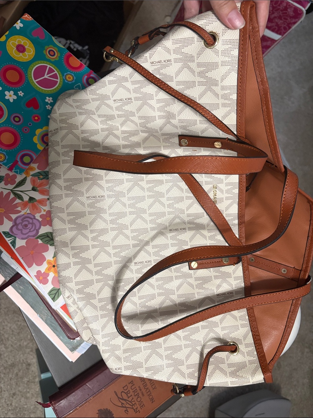 Michael Kors Cream and Brown MK Logo Tote